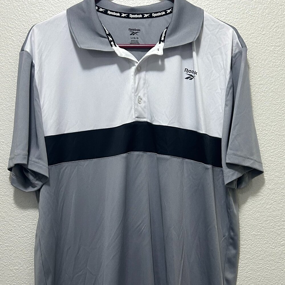 Reebok gray and white colorblock performance golf polo, men's large